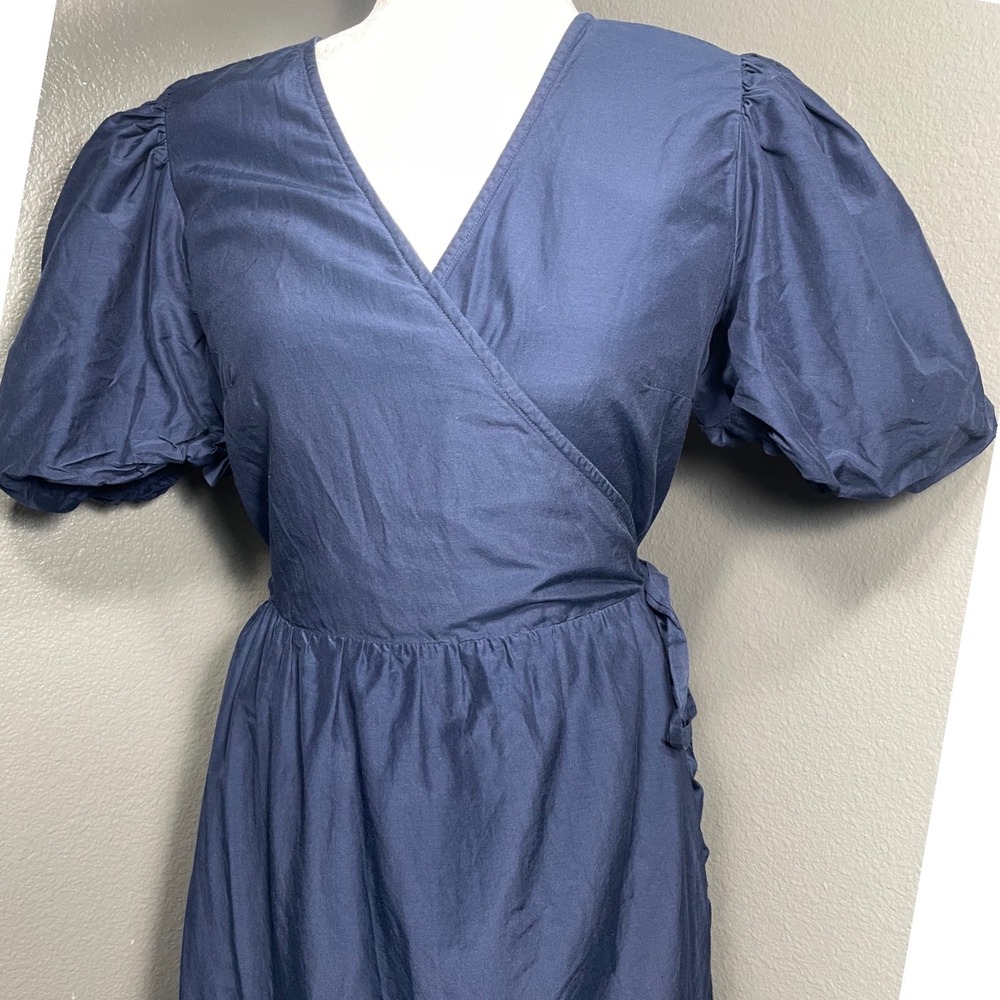 Vineyard Vines Navy Blue Cotton‎ Silk Wrap Midi Dress Puff Sleeve Ruffle Hem M